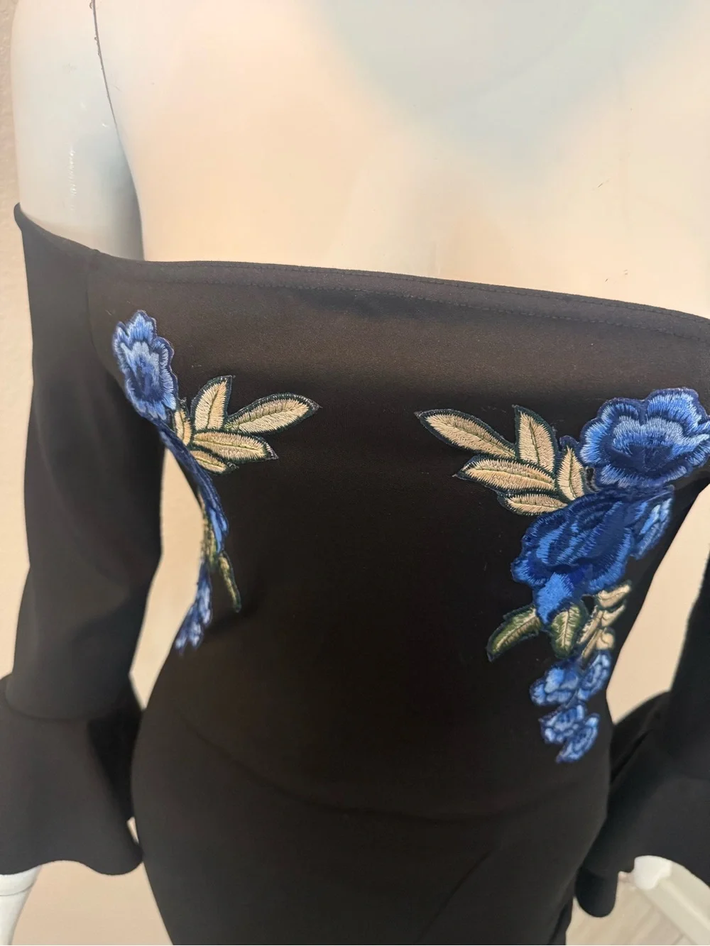 Missguided Black Off Shoulder Dress with Blue Rose Embroidery - Picture 7 of 7